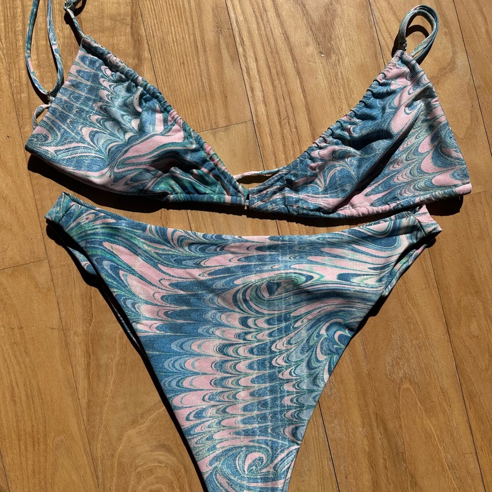 Skatie Teal & Pink Swirl Triangle Bikini Set